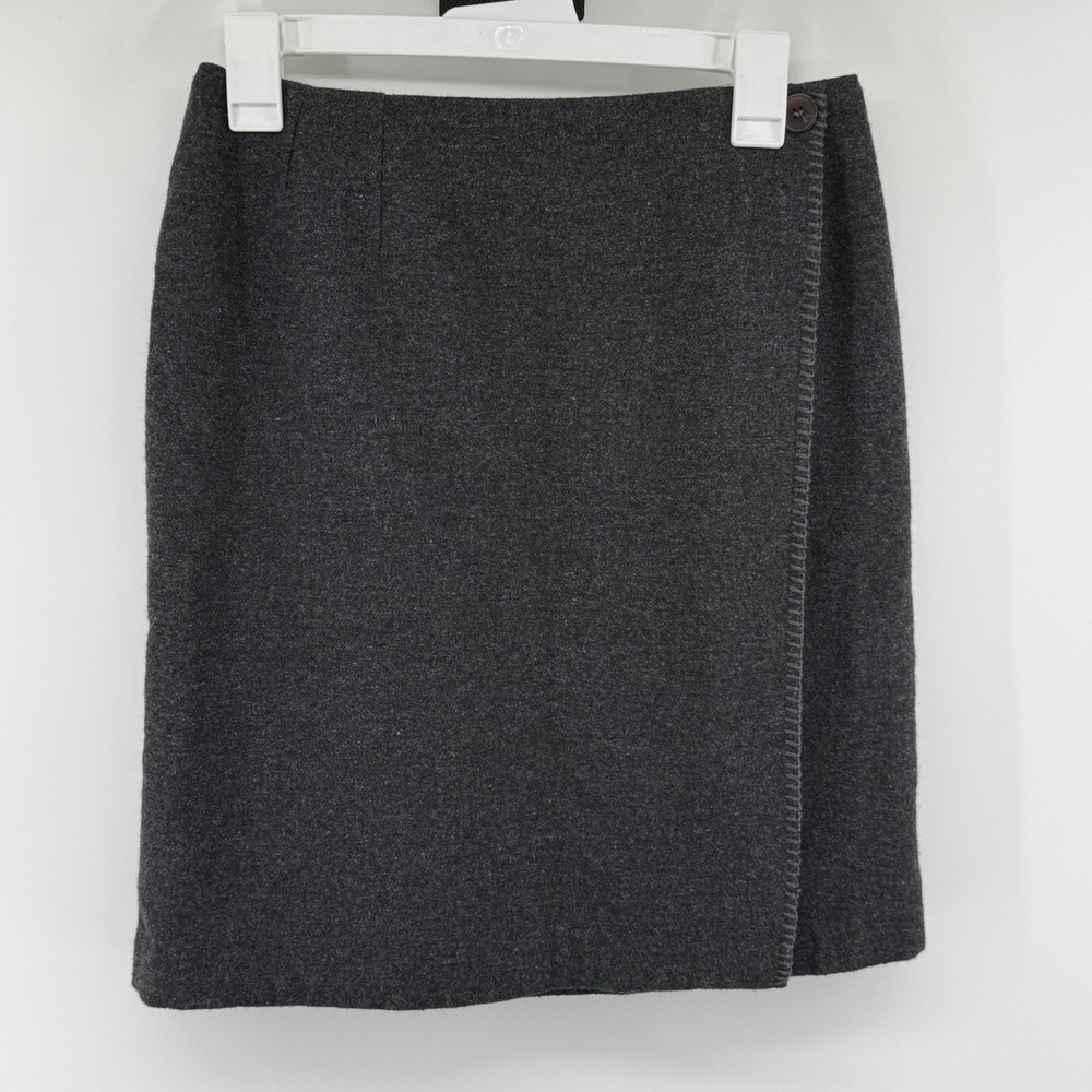 Vtg Herman Geist‎ Gray Wool Blend Wrap Skirt Blanket Stitch Knee Length Size 8